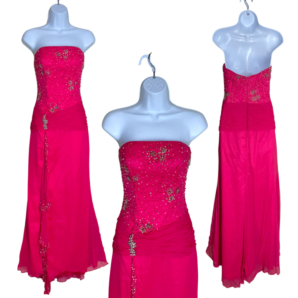 Vintage Prom Dress Maxi Gown Fairy Y2K Silk Rhinestone Strapless Hot Pink Barbie